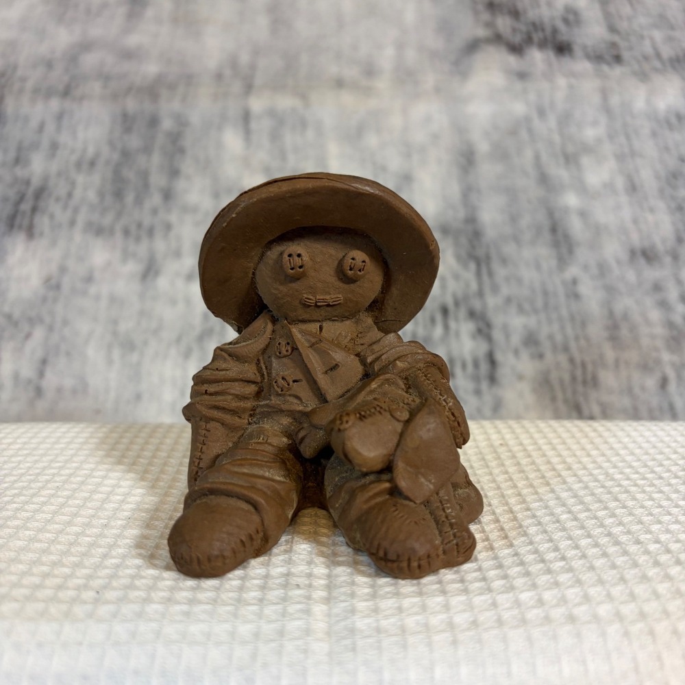 Vintage Handcrafted Clay Scarecrow Figurine Rustic Brown Folk Art Miniature